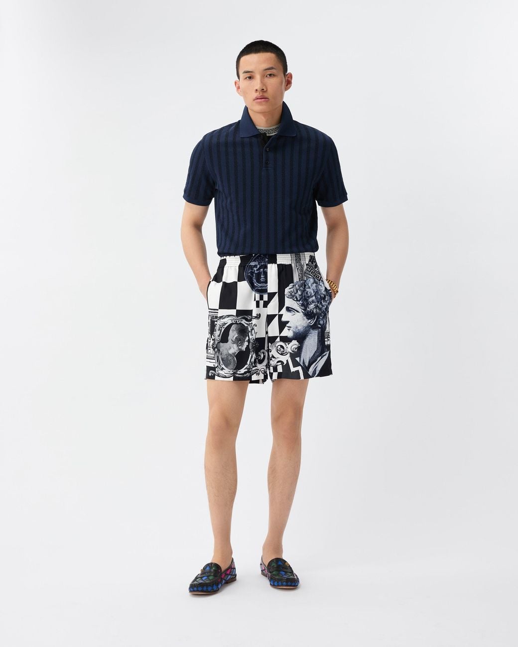 Versace White Printed Silk Twill Shorts for men