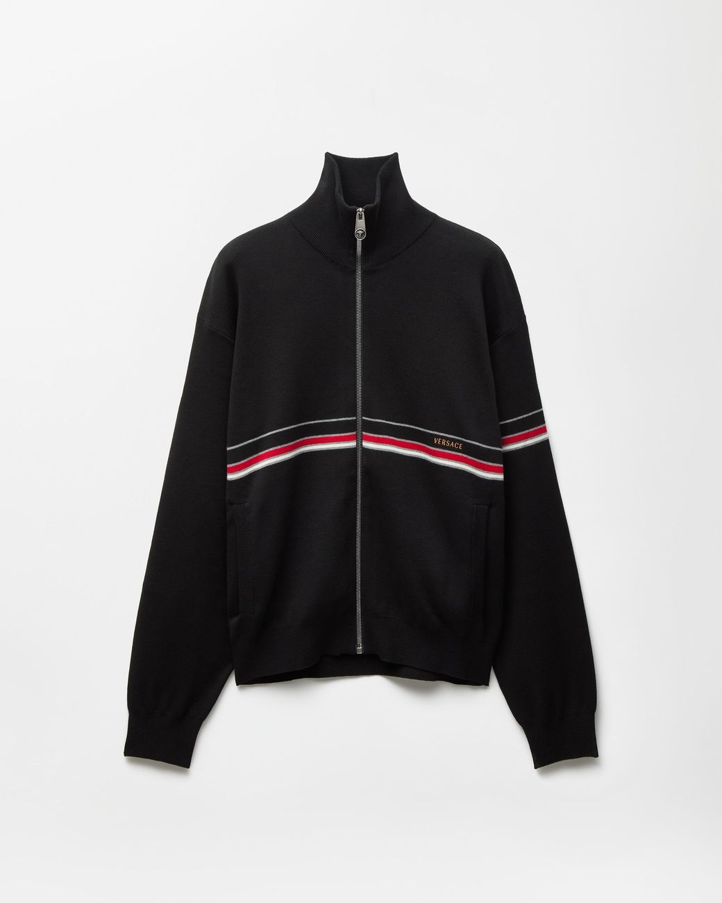 Versace Black Embroidered-Logo Cotton Knit Zip Cardigan for men
