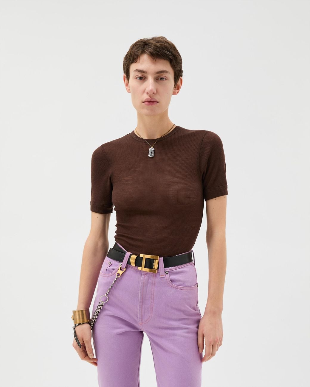Versace Brown Embroidered Wool Ribbed Knit T-Shirt