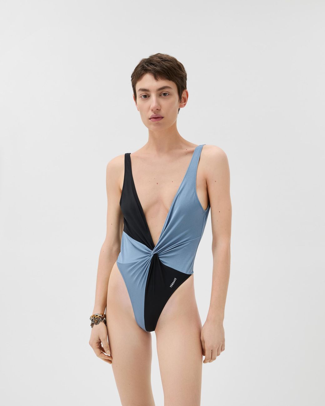 Versace Blue Embroidered-Logo One-Piece Swimsuit