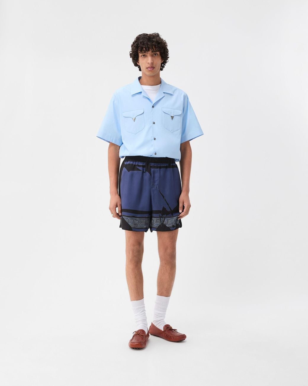 Versace Blue Printed Silk Twill Shorts for men