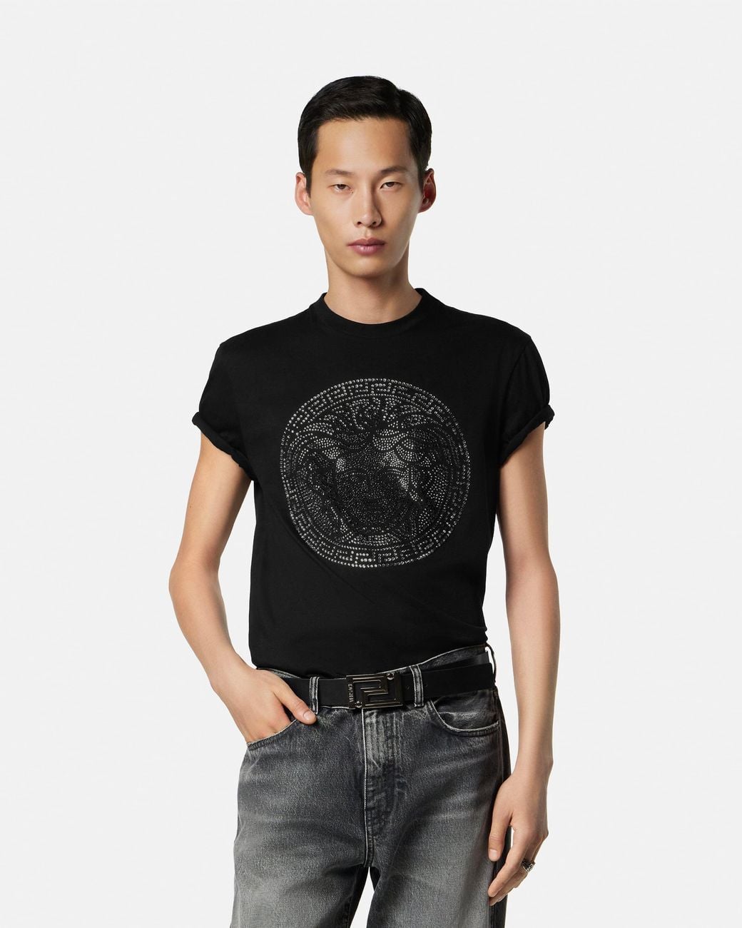 Versace Black Embellished Cotton-Jersey Slim T-Shirt for men