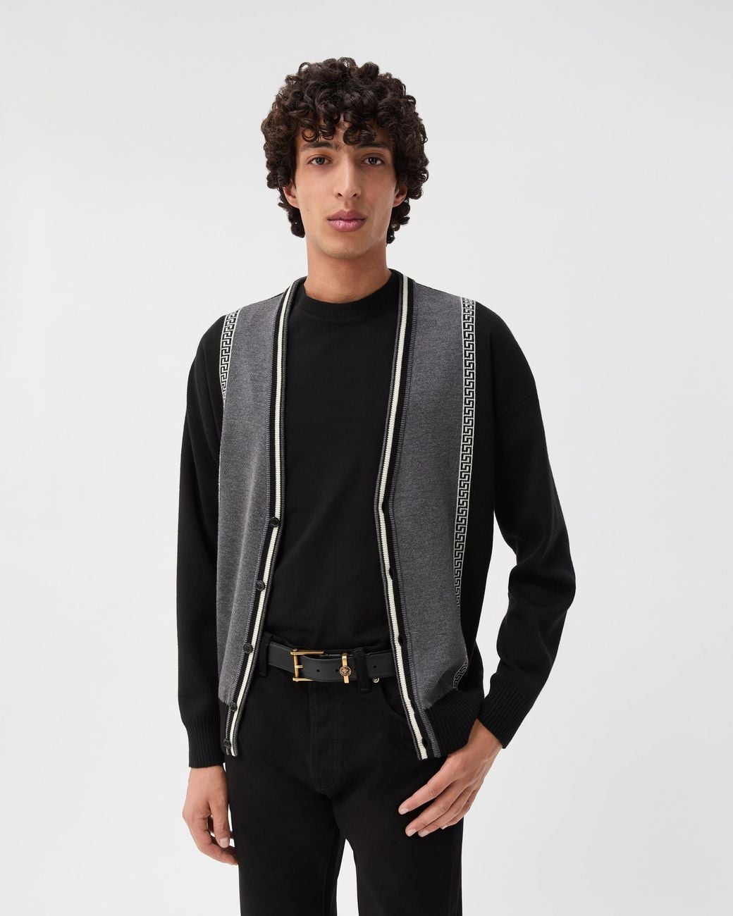 Versace Black Jacquard Wool Knit V-Neck Cardigan for men