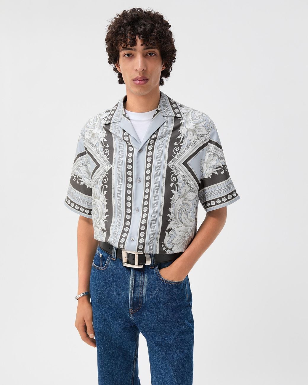 Versace Gray Printed Silk Twill Regular Shirt for men