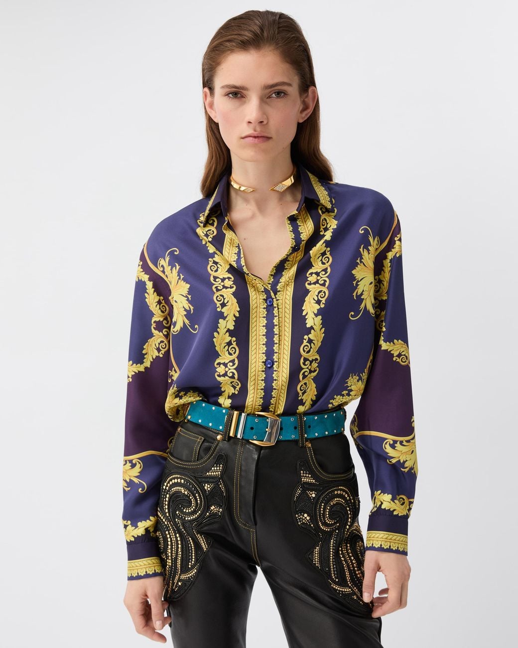 Versace Blue Printed Silk Twill Shirt