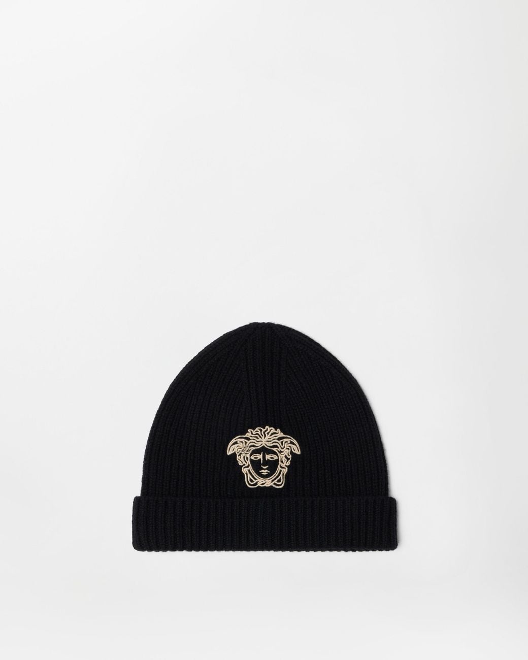 Versace Black Embroidered Cashmere Ribbed Knit Beanie