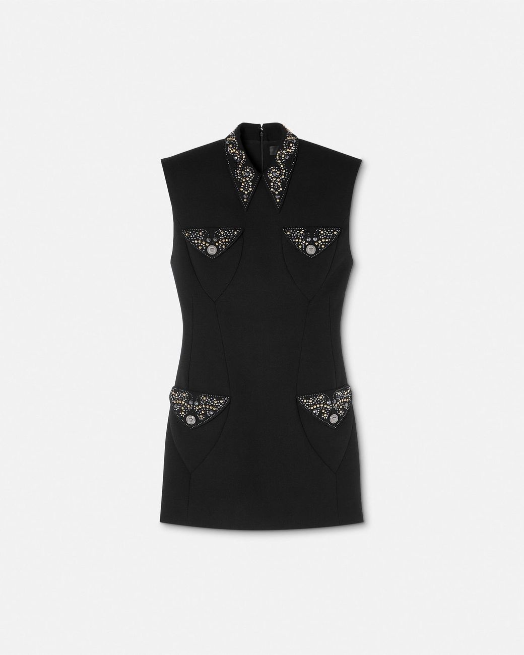 Versace Studded Wool Fitted Mini Dress in Black | Lyst