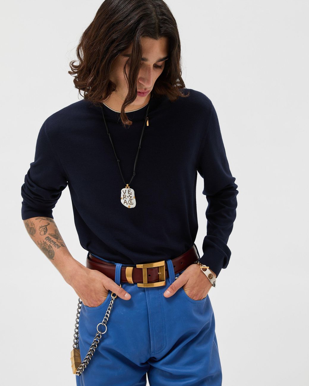 Versace Blue Embroidered Wool Knit Crewneck Sweater for men