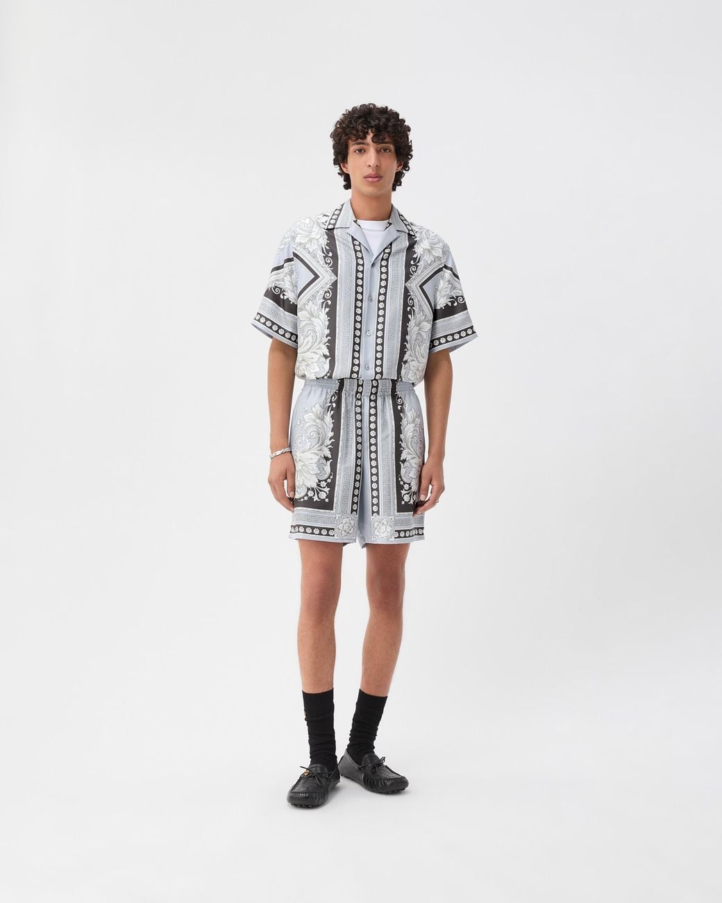 Versace Gray Printed Silk Twill Shorts for men