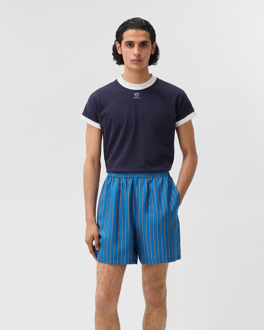 Versace Blue Printed Silk Twill Shorts for men