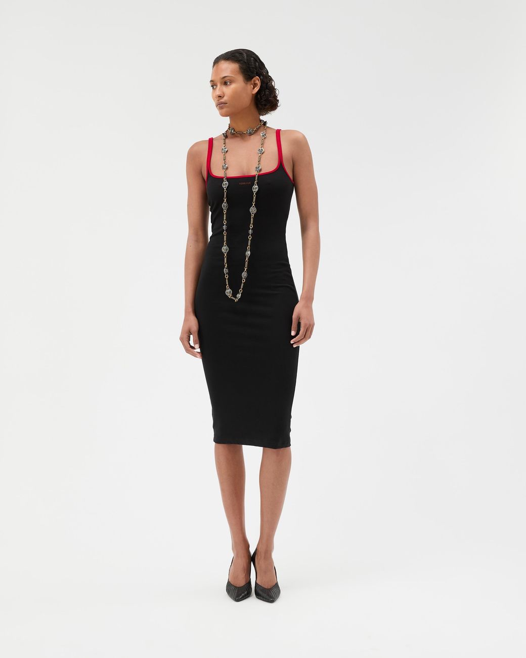 Versace Black Embroidered Stretch Cotton-Jersey Midi Dress