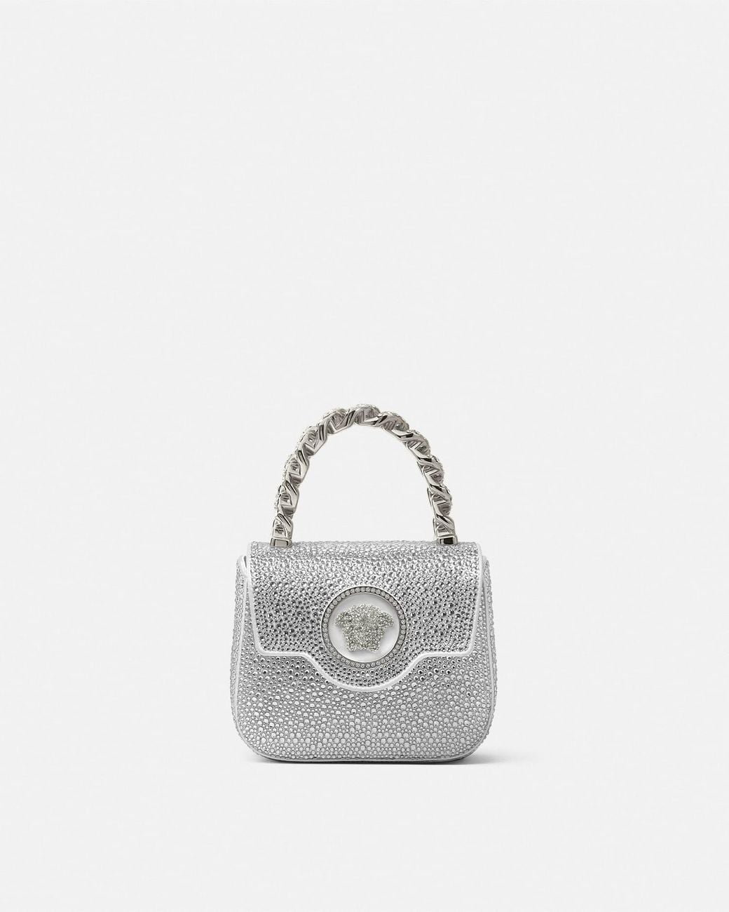 Versace White La Medusa Embellished Satin Mini Bag