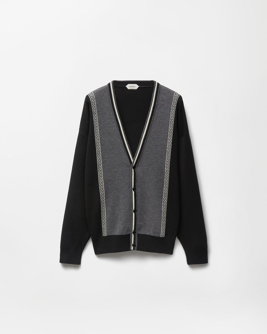 Versace Black Jacquard Wool Knit V-Neck Cardigan for men