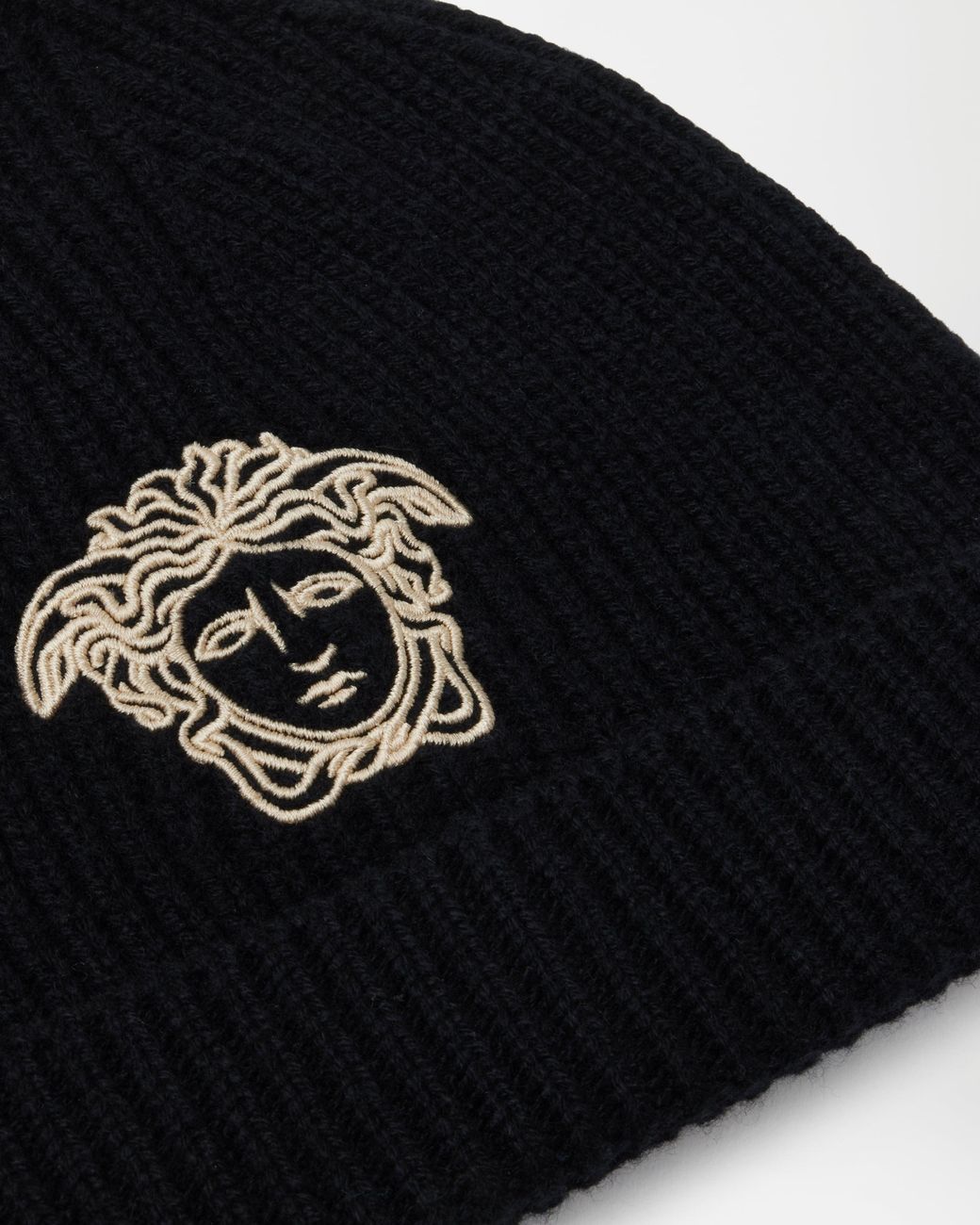 Versace Black Embroidered Cashmere Ribbed Knit Beanie
