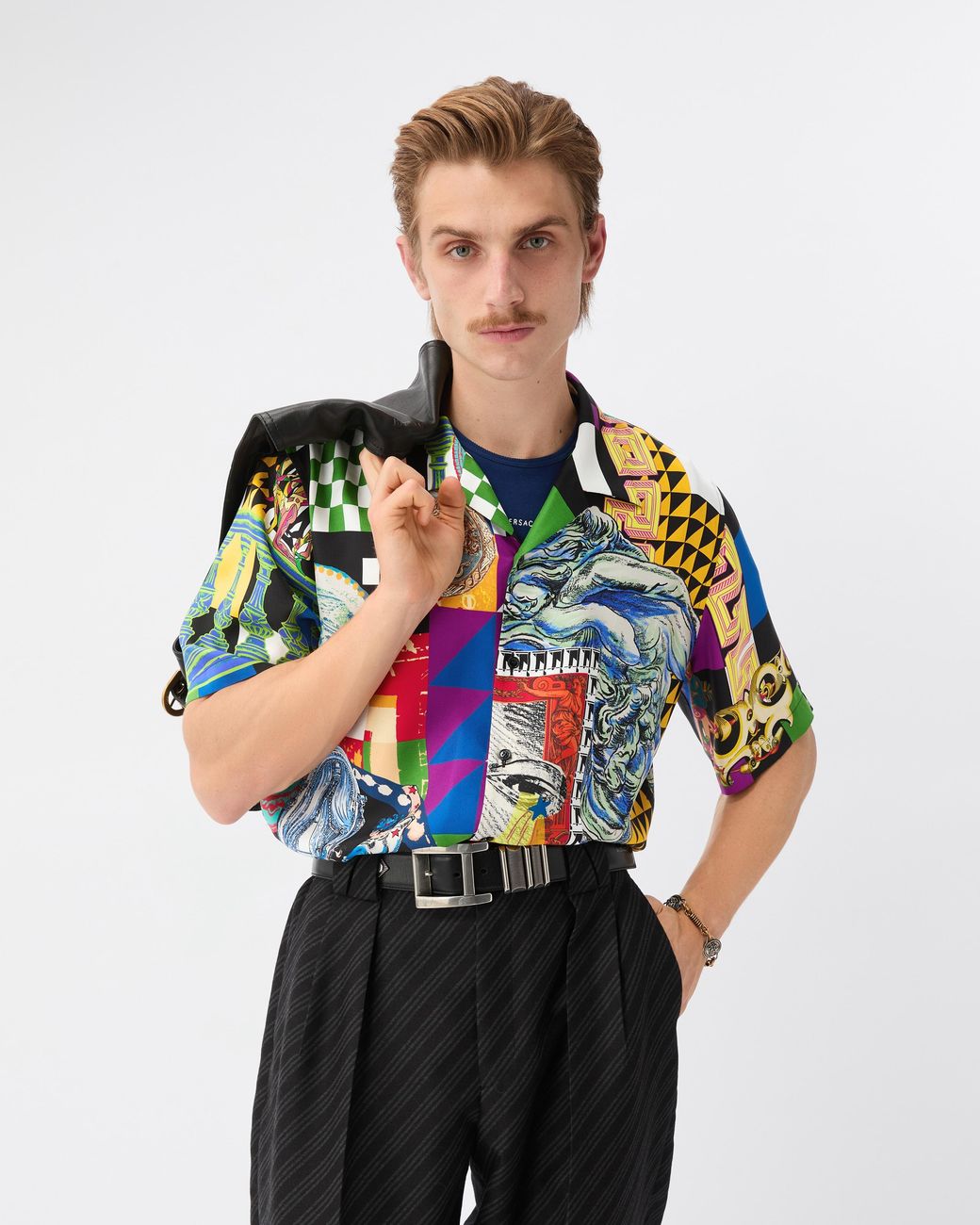 Versace Blue Printed Silk Twill Regular Shirt for men