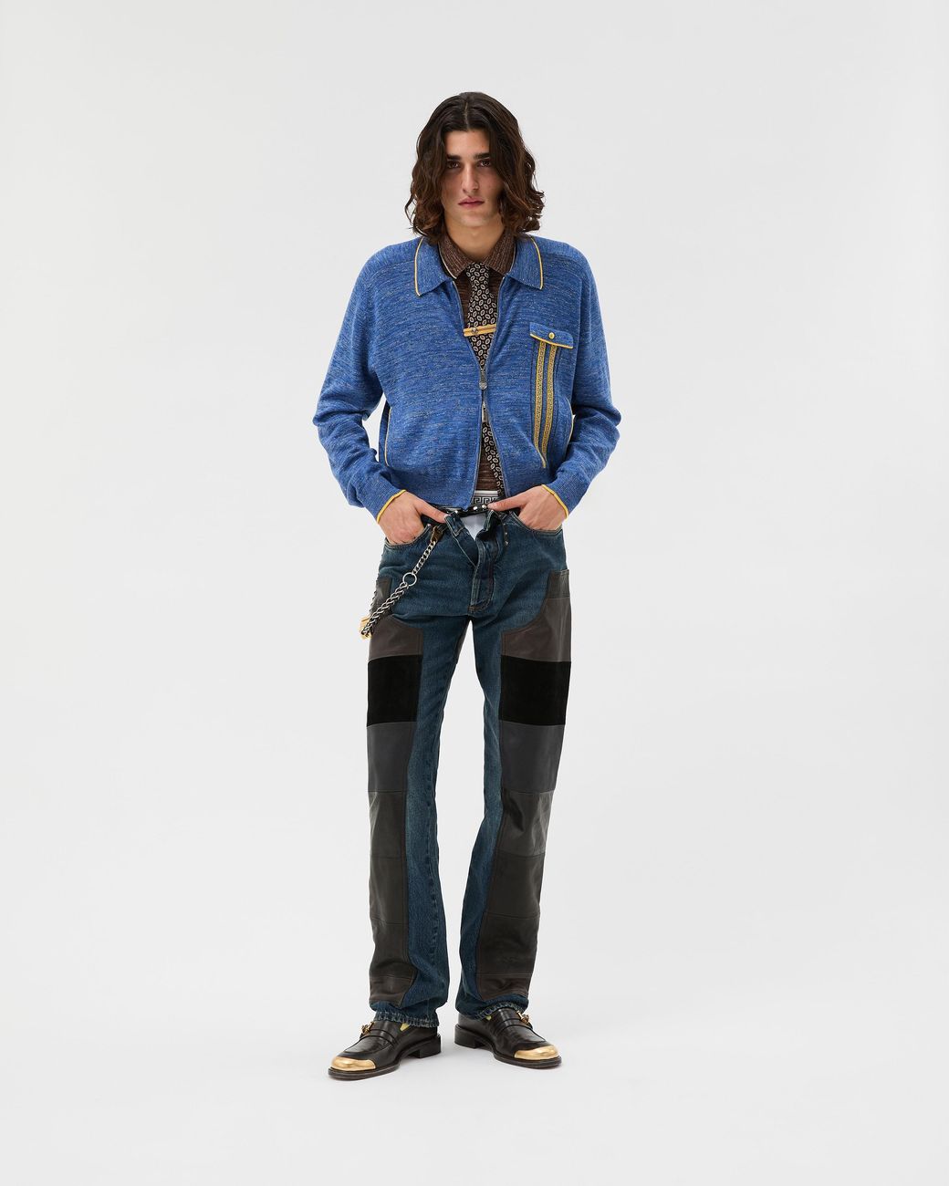 Versace Blue Leather Patchwork Straight Jeans for men