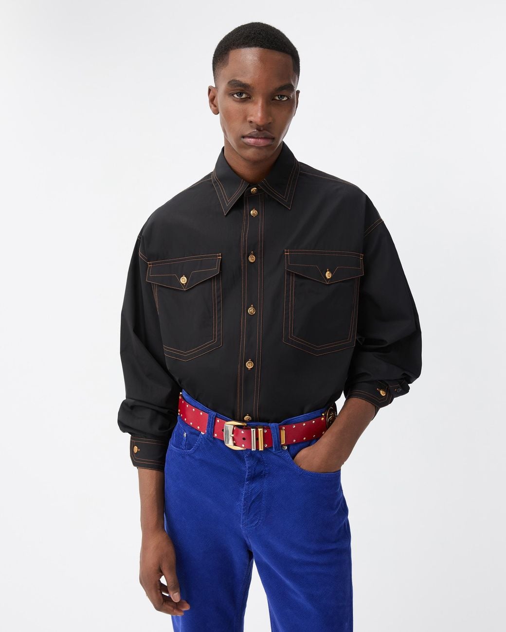 Versace Black Cotton Poplin Loose Shirt for men