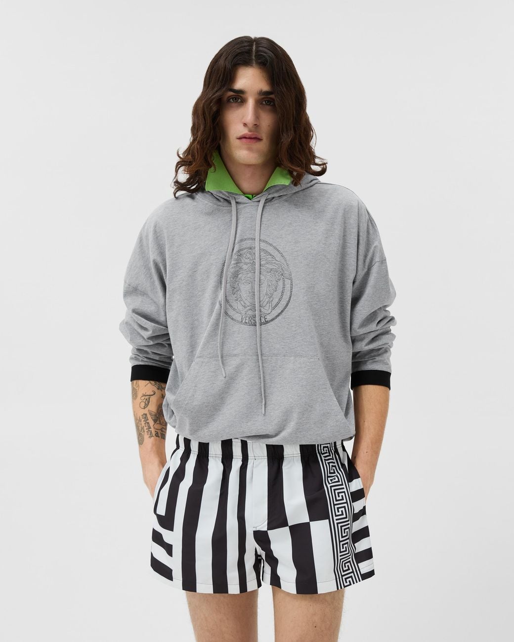Versace Gray Printed Cotton-Jersey Hoodie for men