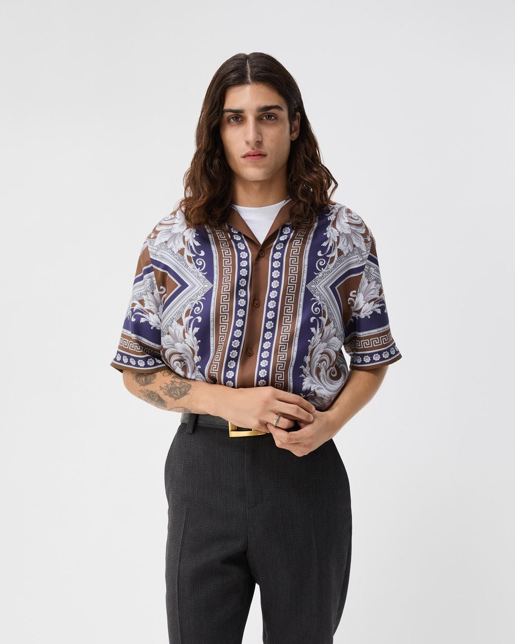 Versace Blue Printed Silk Twill Regular Shirt for men