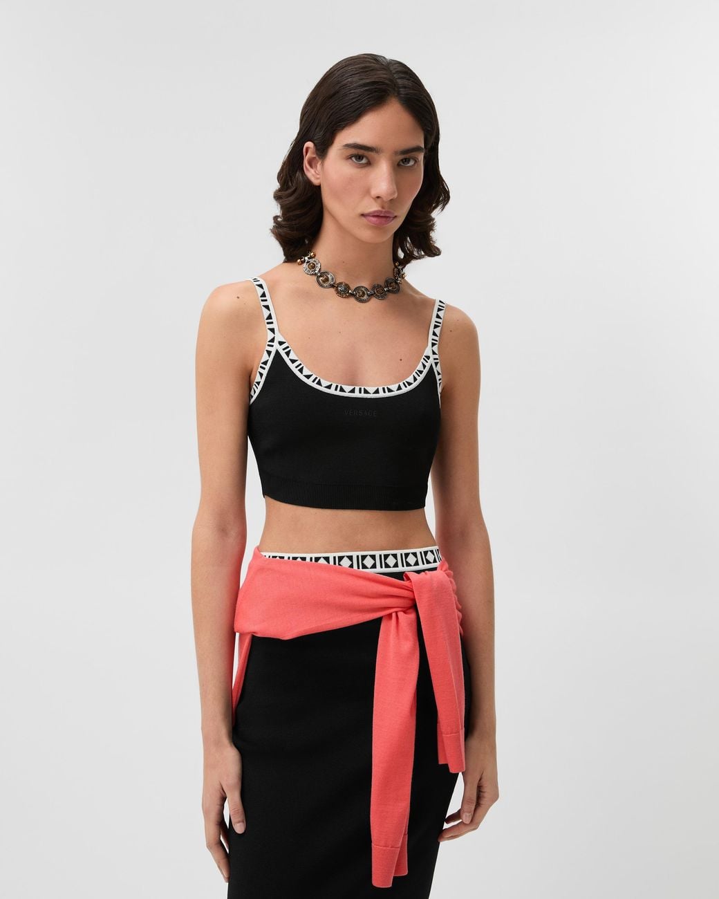 Versace White Viscose-Blend Jacquard Crop Top