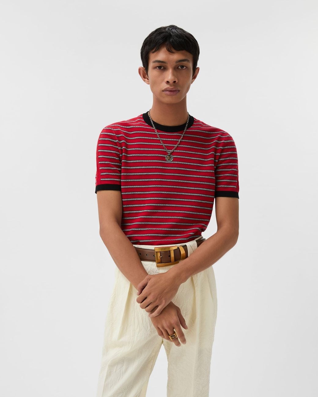 Versace Red Jacquard Cotton-Blend Knit T-Shirt for men