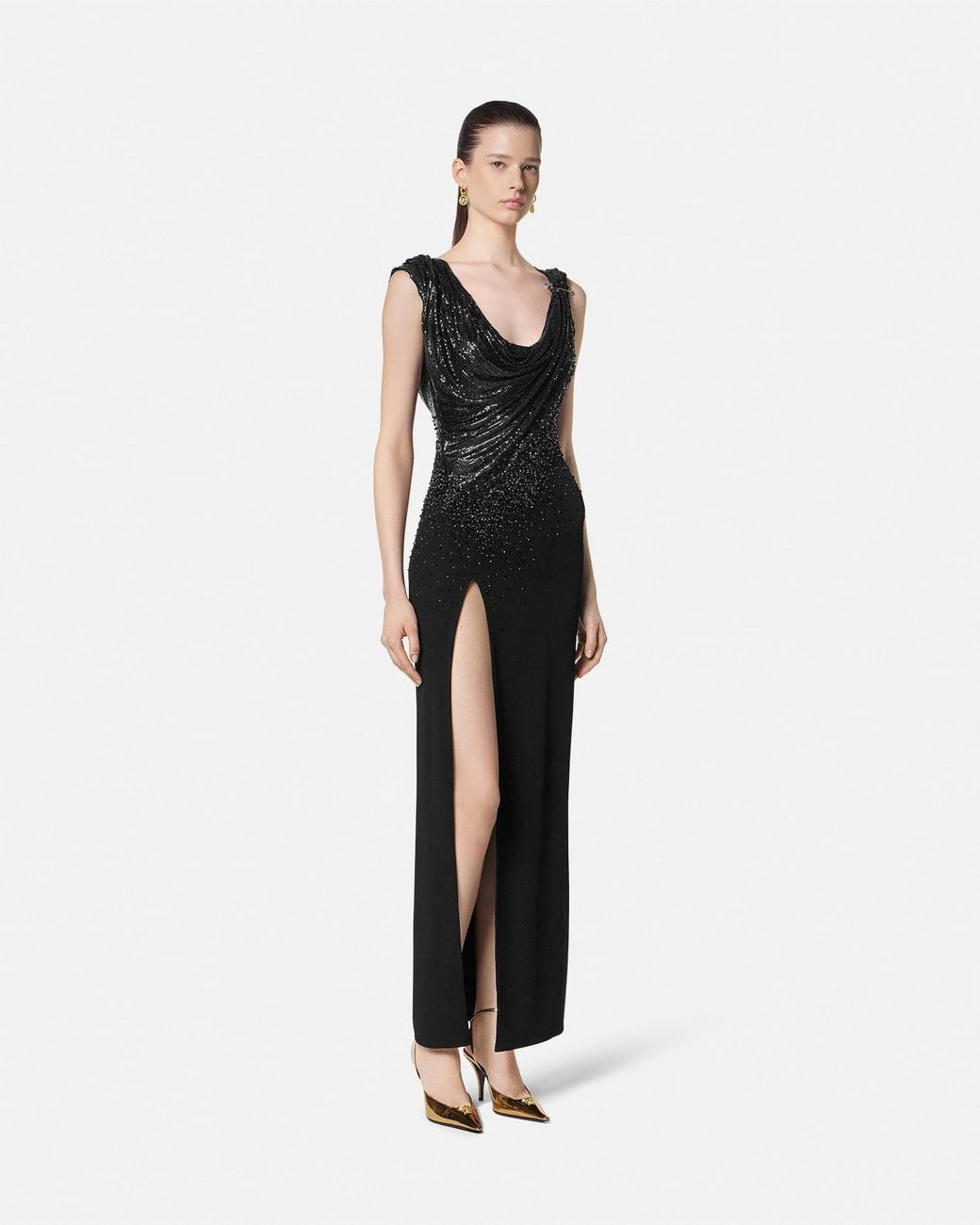Versace Black Embellished Stretch Crêpe Jersey Draped Gown