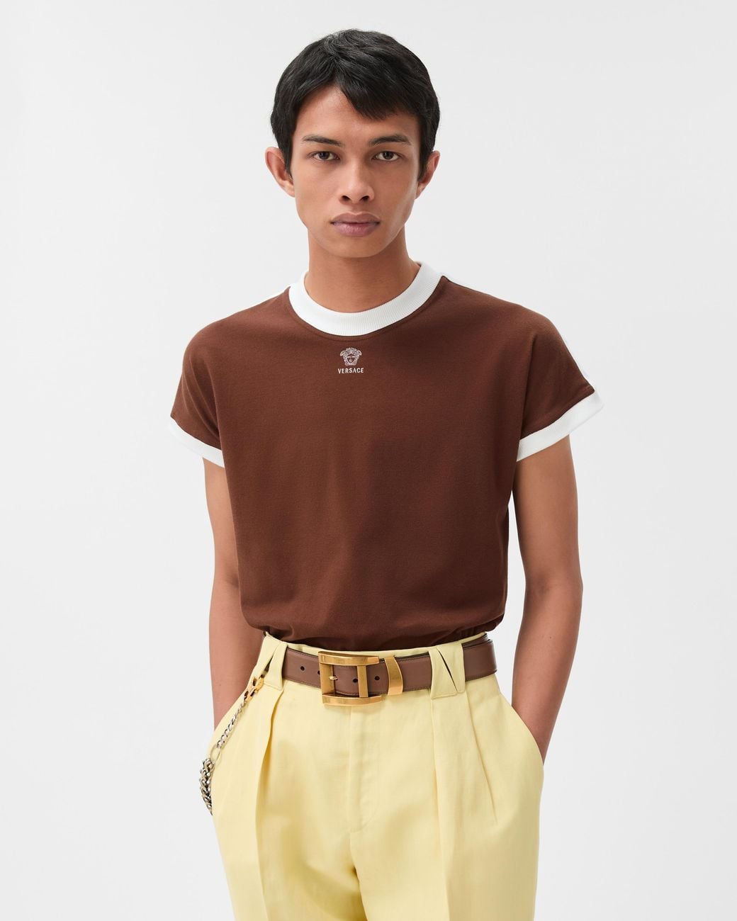 Versace Brown Embroidered-Logo Stretch Cotton-Jersey Slim T-Shirt for men