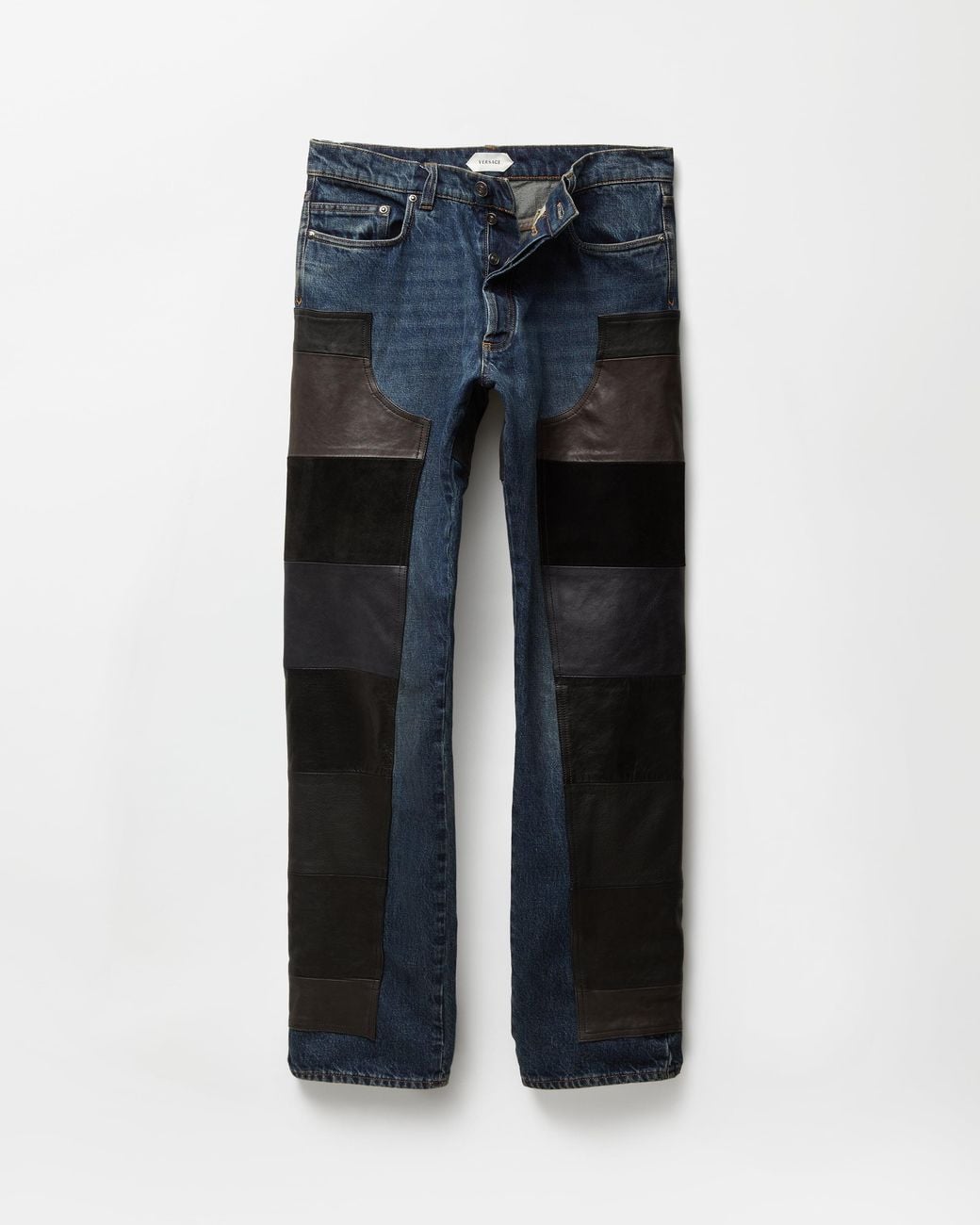 Versace Blue Leather Patchwork Straight Jeans for men