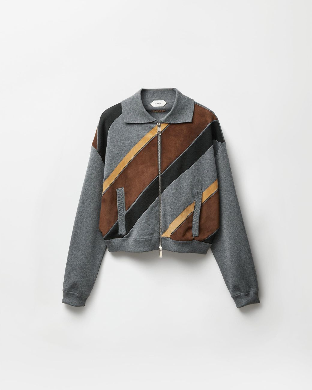 Versace Gray Intarsia-Wool & Leather Patchwork Zip Sweatshirt