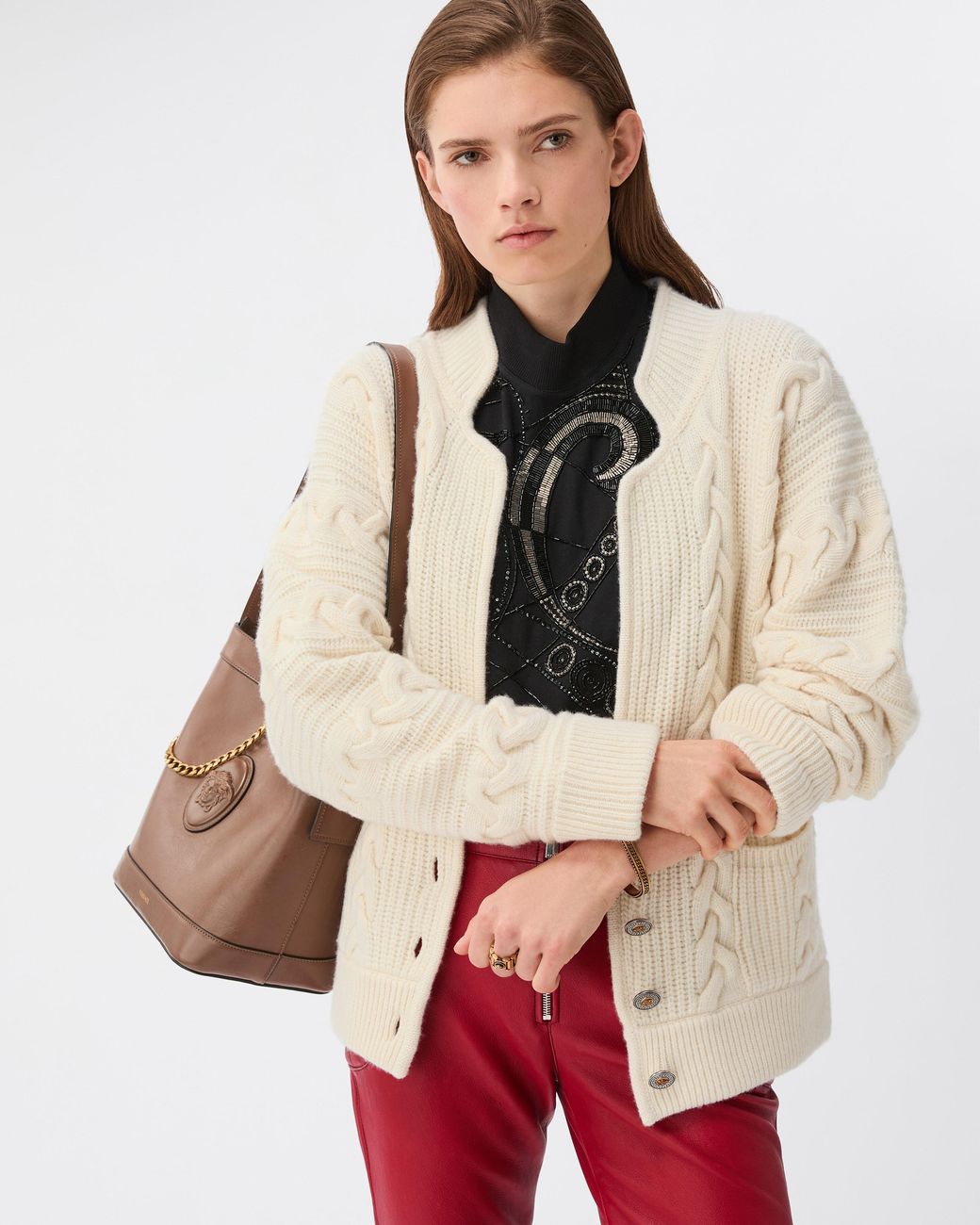 Versace White Wool & Cashmere Cable-Knit Cardigan
