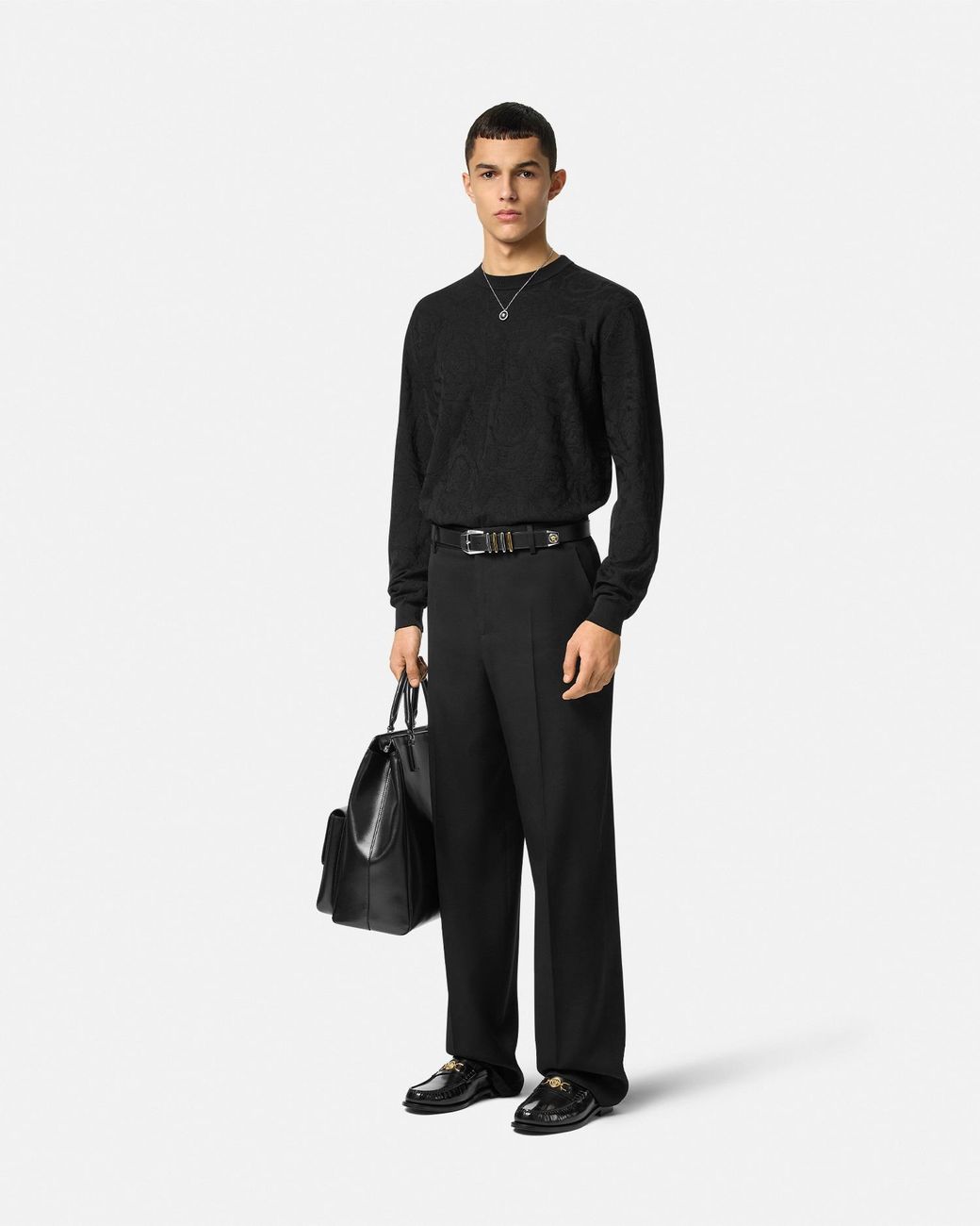 Versace Black Jacquard Silk-Cotton Knit Sweater for men