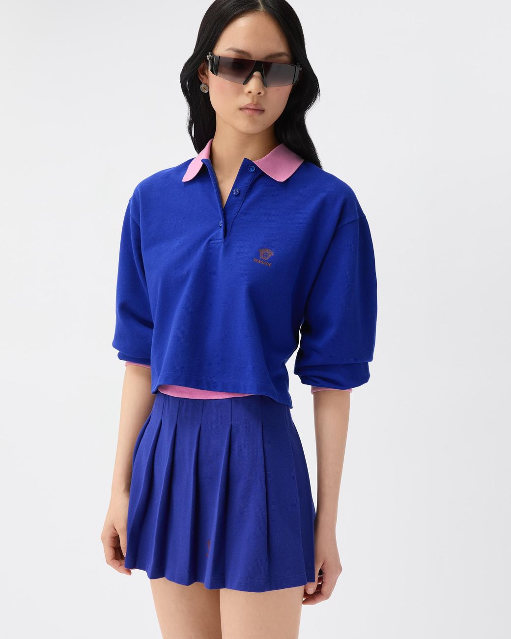 Versace Blue Embroidered-Logo Cotton Piqué Long-Sleeved Polo