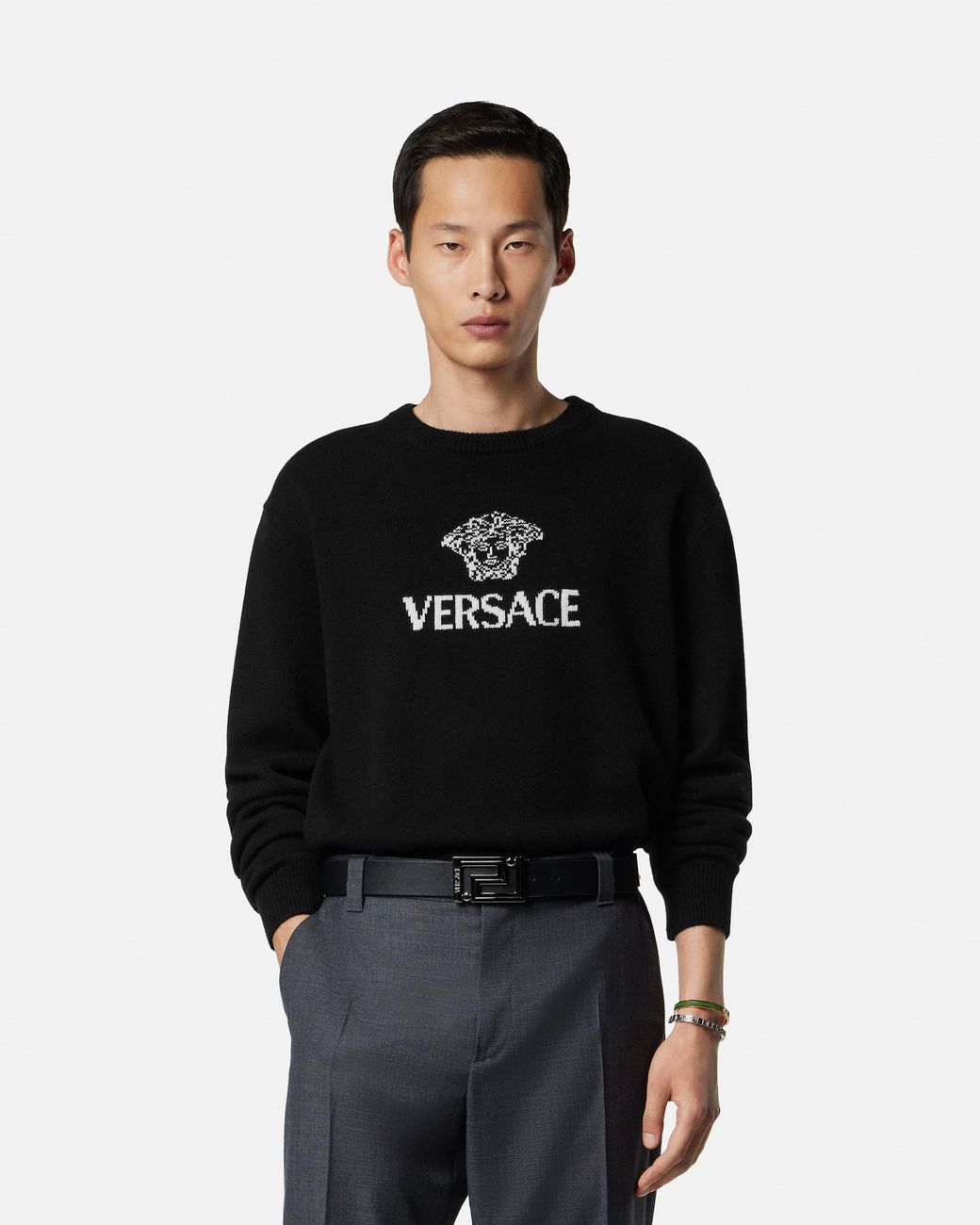 Versace Black Intarsia Cashmere Knit Sweater for men