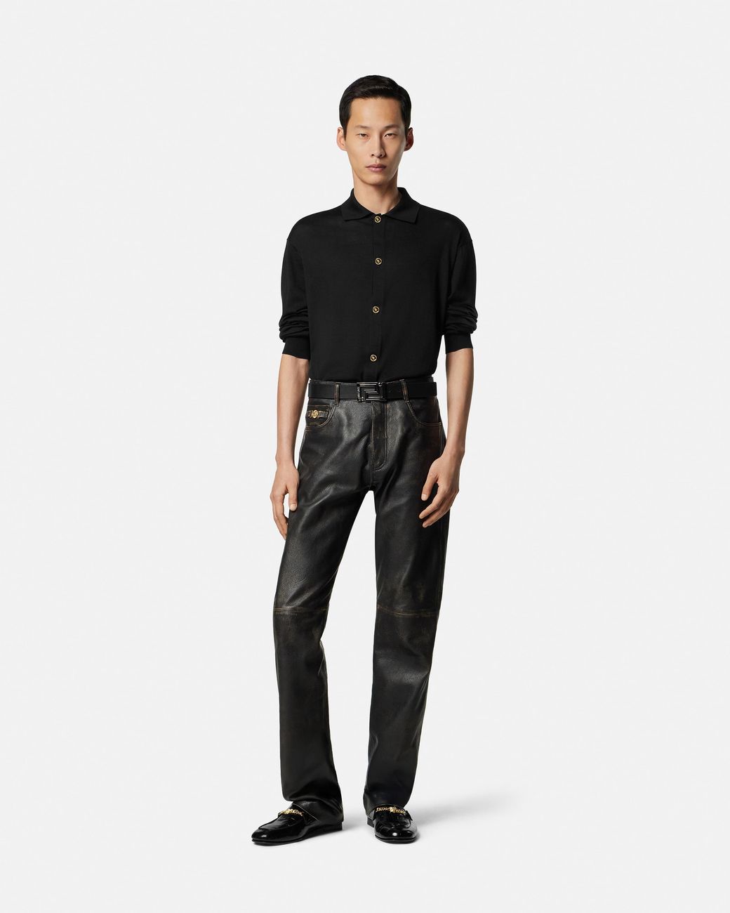 Versace Black Silk-Cotton Knit Polo Cardigan for men