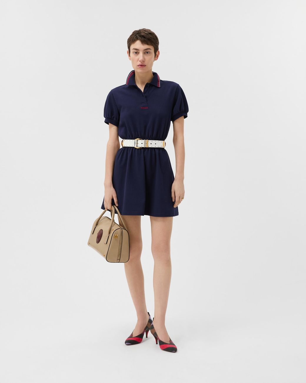 Versace Blue Embroidered-Logo Cotton Piqué Polo Mini Dress