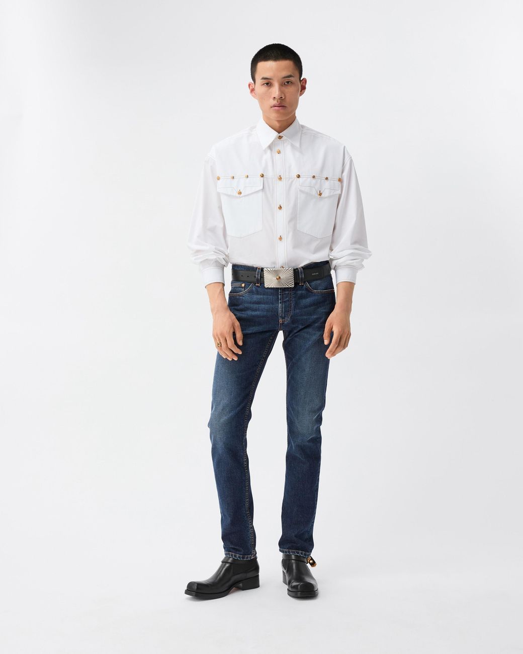 Versace Blue Embroidered-Detail Slim Jeans for men