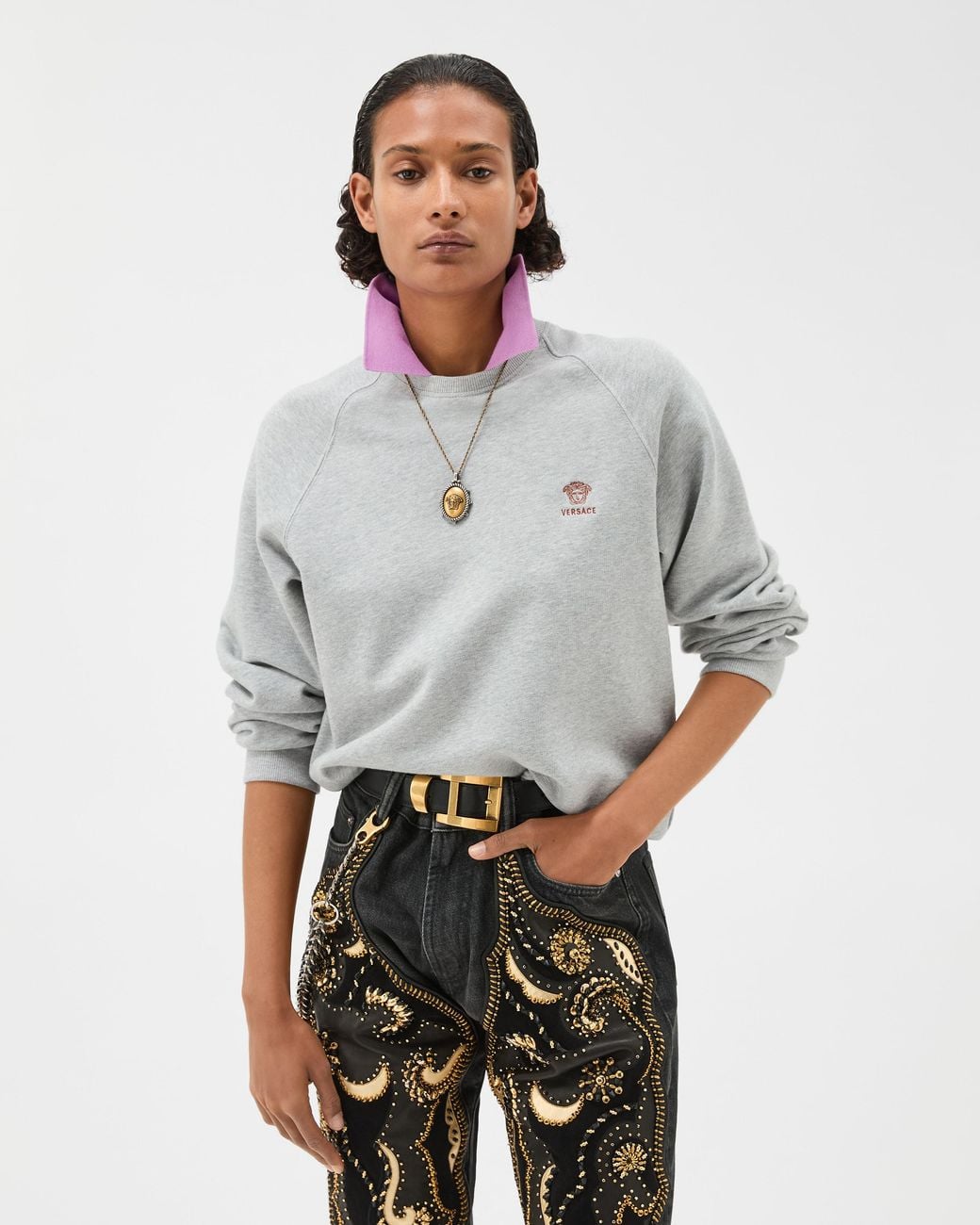 Versace Gray Embroidered Cotton-Jersey Sweatshirt