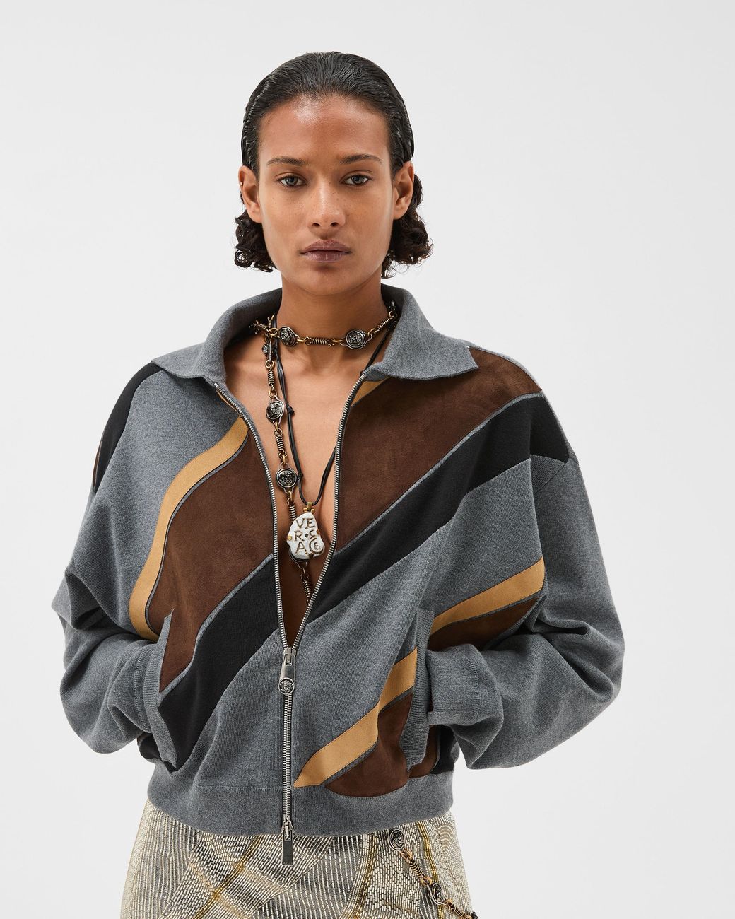 Versace Gray Intarsia-Wool & Leather Patchwork Zip Sweatshirt