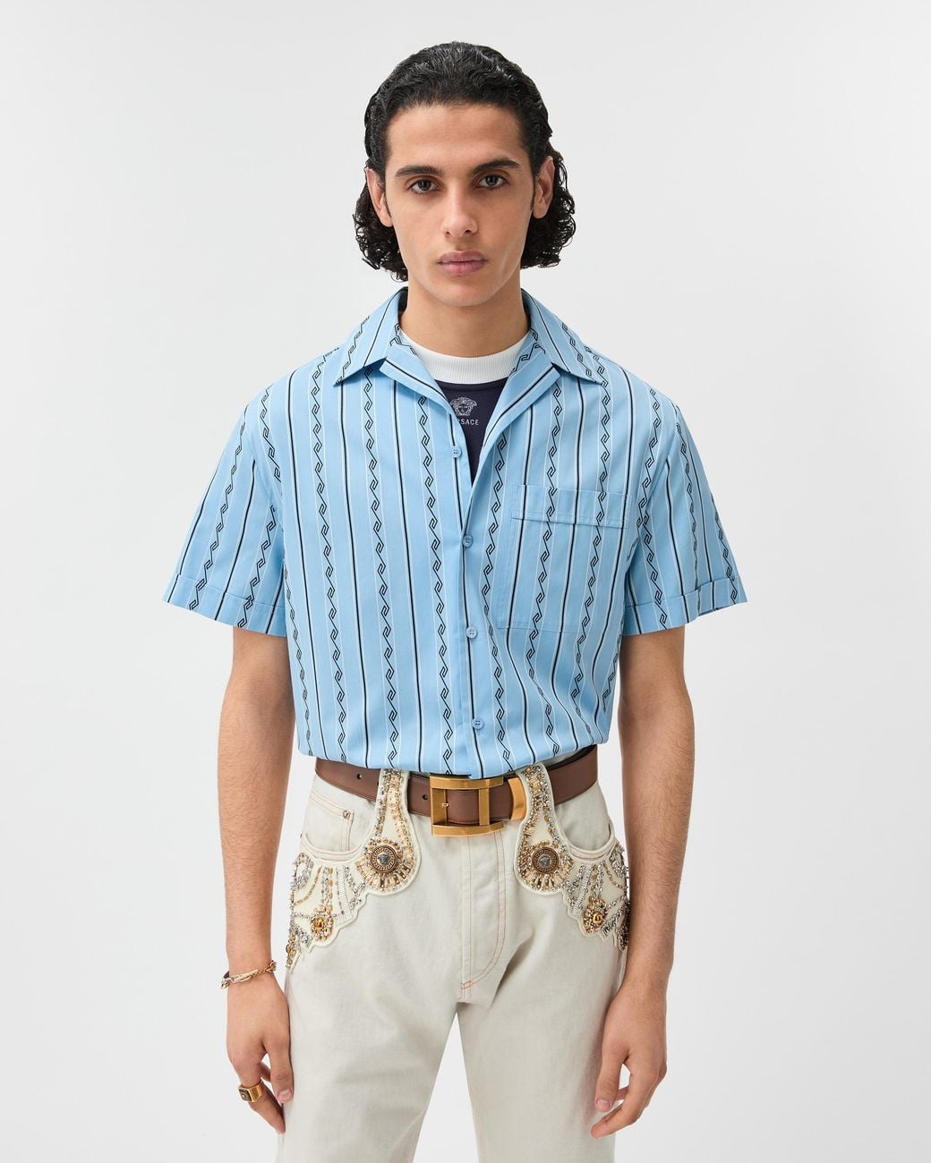 Versace Blue Jacquard Cotton-Silk Regular Shirt for men