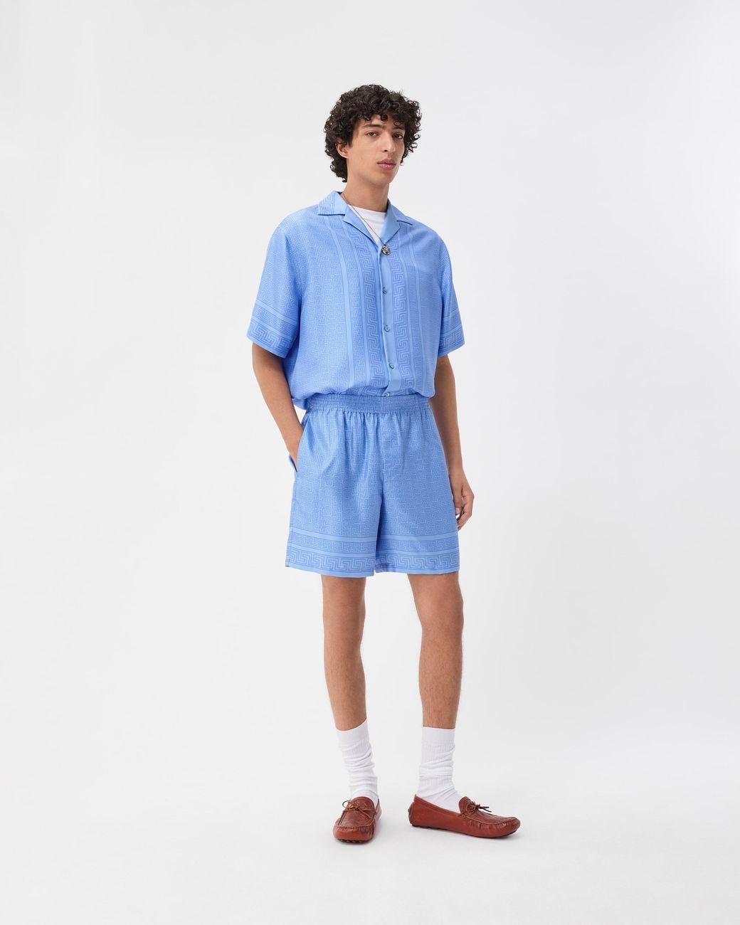 Versace Blue Printed Silk Twill Shorts for men