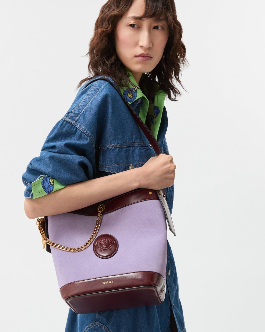 Versace Purple Pivot Small Suede Bucket Bag