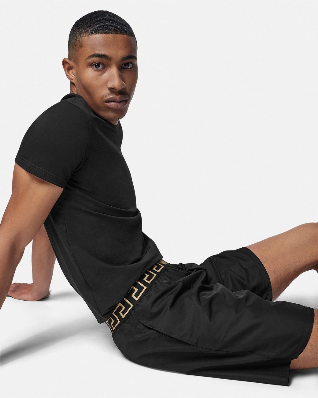 Versace Black Short De Surf À Bordure Greca for men