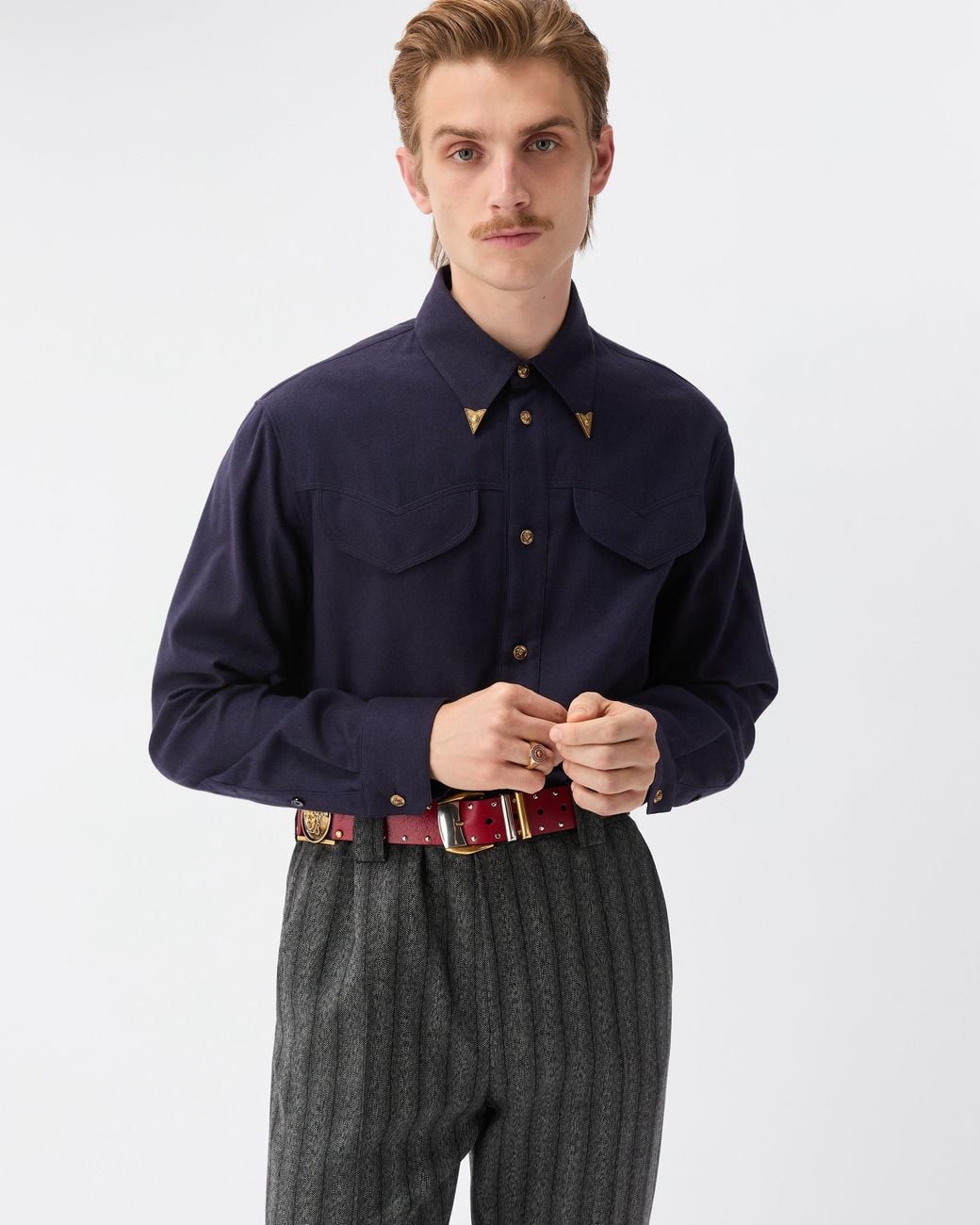Versace Blue Herringbone Flannel Cotton Regular Shirt for men