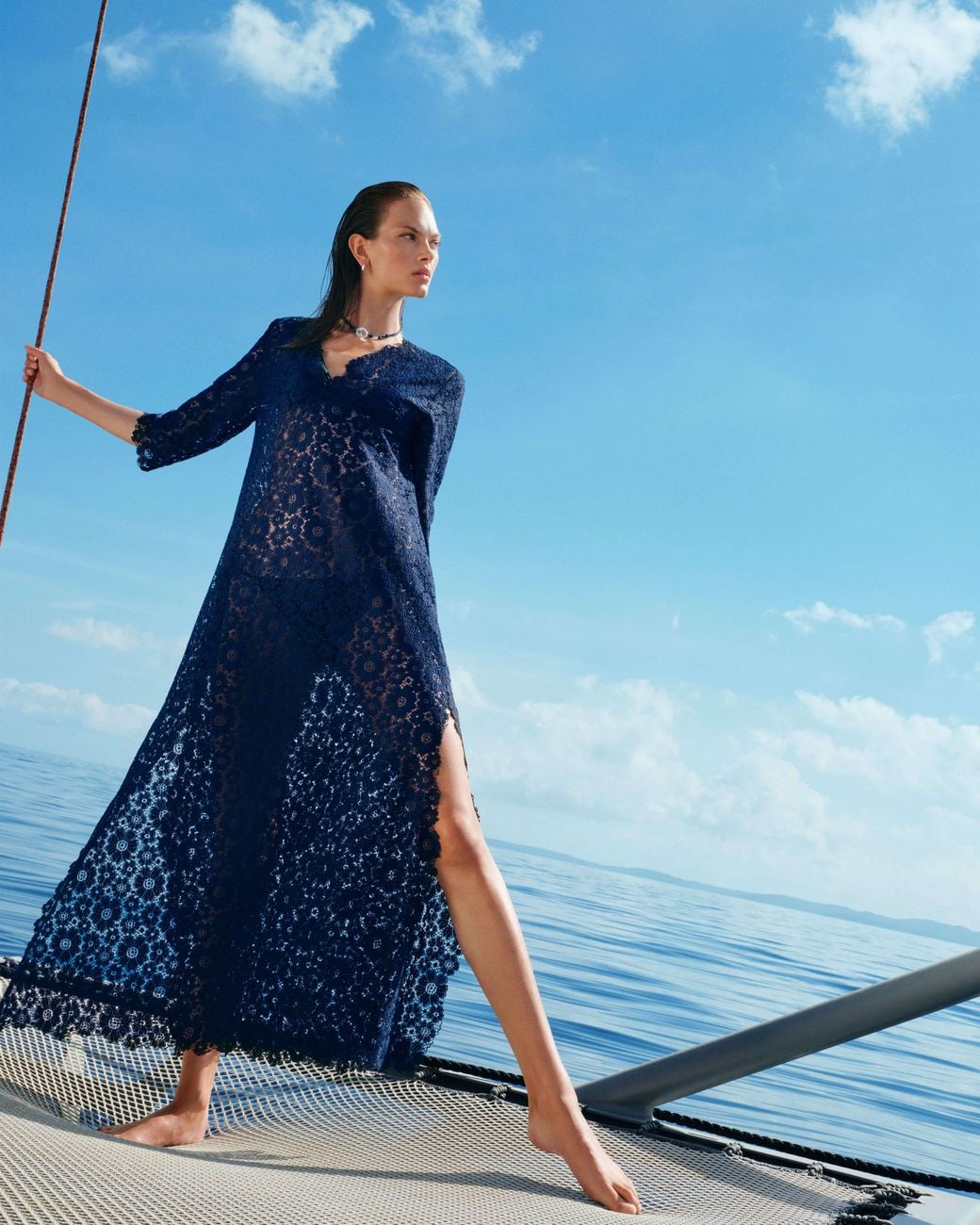 Vilebrequin Blue Guipure Kaftan Flowers Lace
