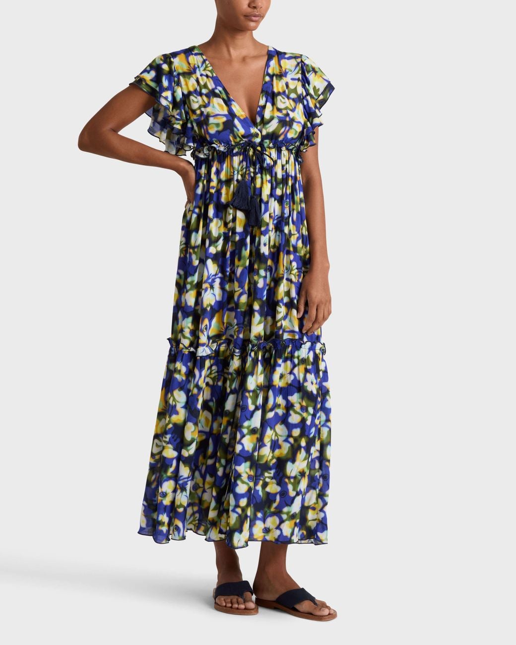 Vilebrequin Blue Viscose Long Dress Frangipanier Trouble