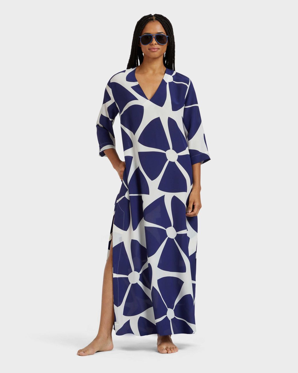 Vilebrequin Blue Long Silk Crepe De Chine Kaftan Big Flowers