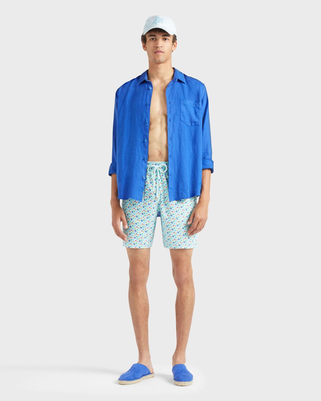 Vilebrequin Blue Long Stretch Swim Trunks Micro Ronde Des Tortues Rainbow for men