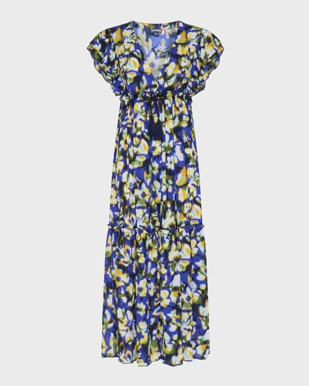 Vilebrequin Blue Viscose Long Dress Frangipanier Trouble