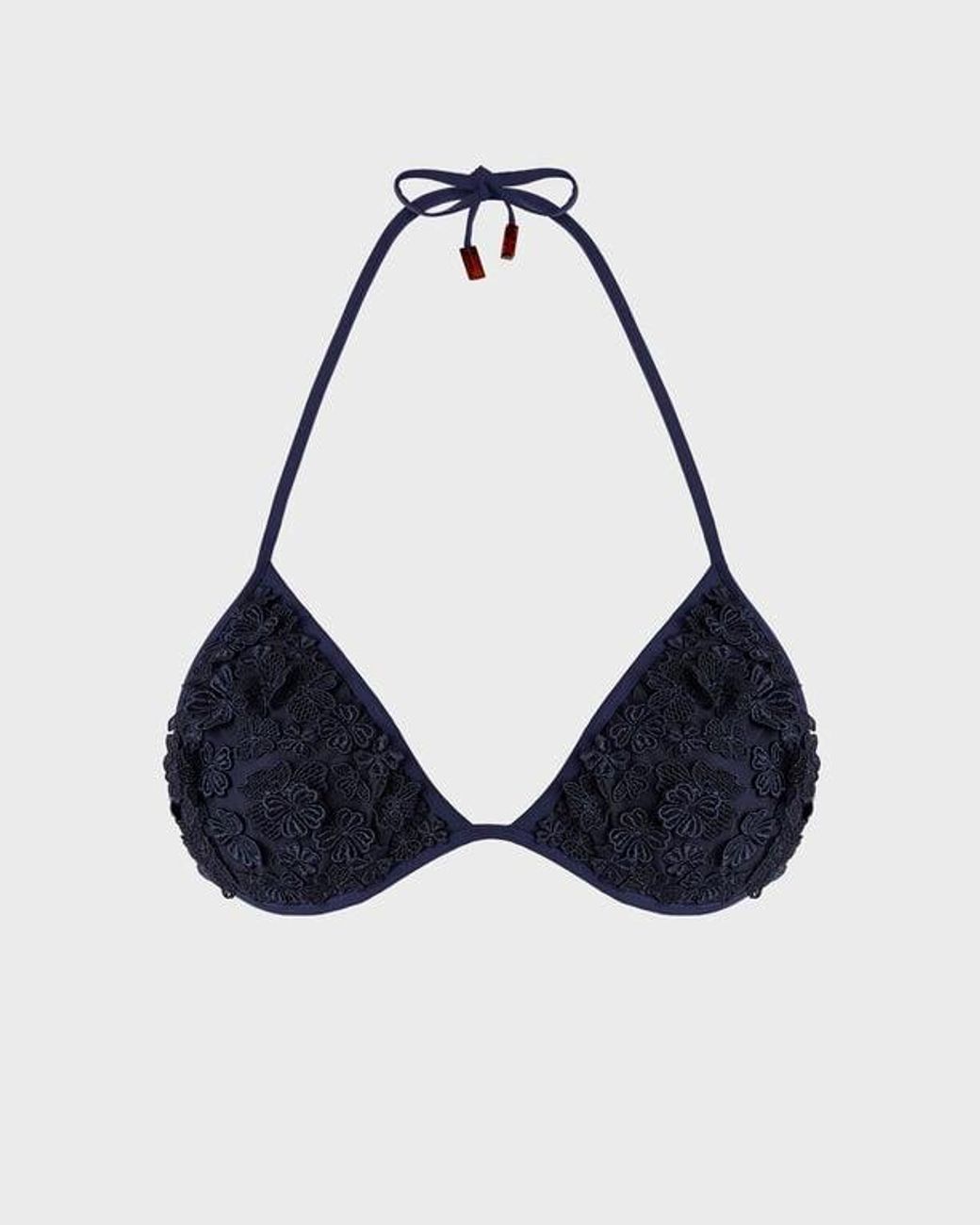 Vilebrequin Blue Triangle Bikini Top Embroidered Guipure Florale