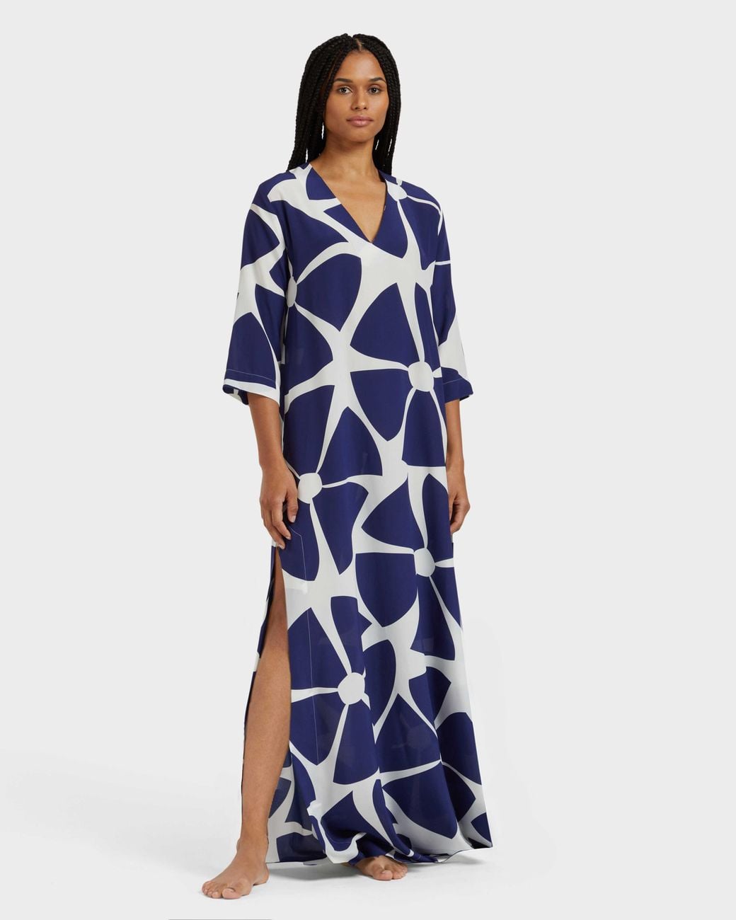 Vilebrequin Blue Long Silk Crepe De Chine Kaftan Big Flowers